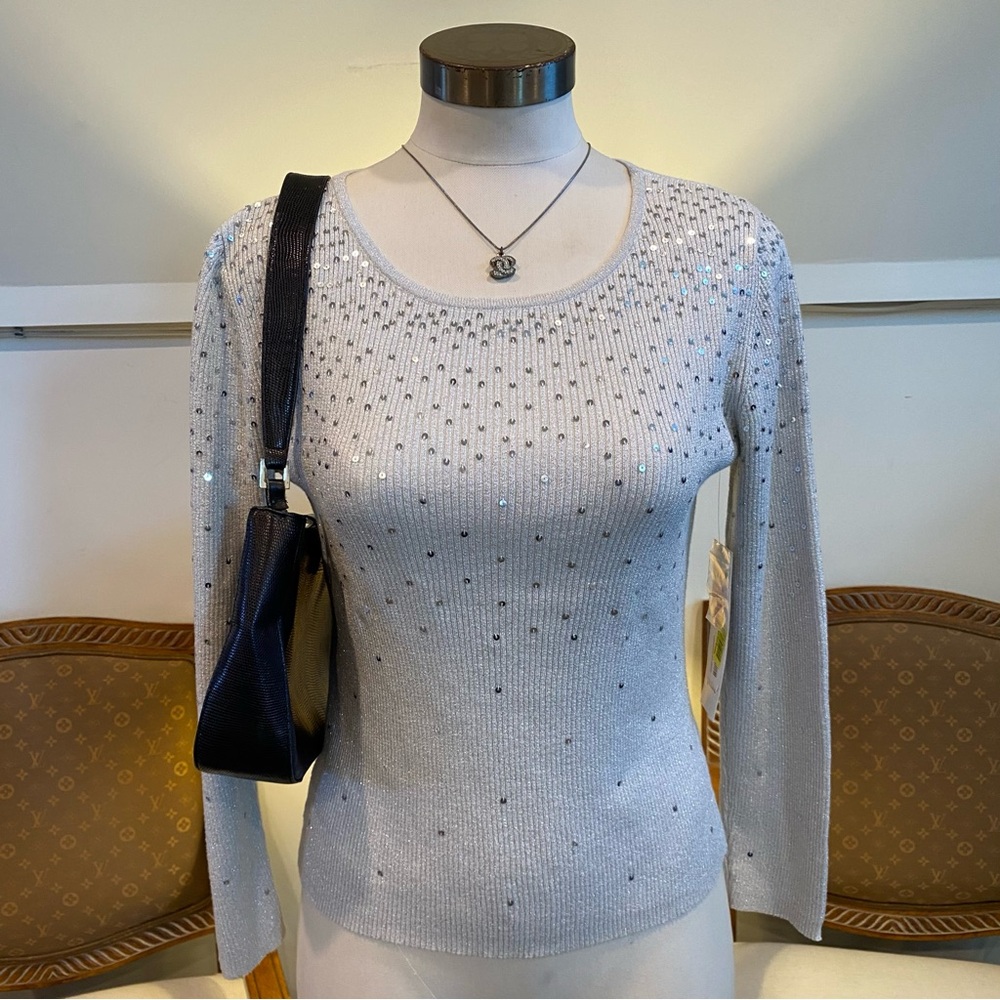 Vintage Y2K Silver Sequin Long Sleeve Top, Scoop
Neckline Women's M Party Top